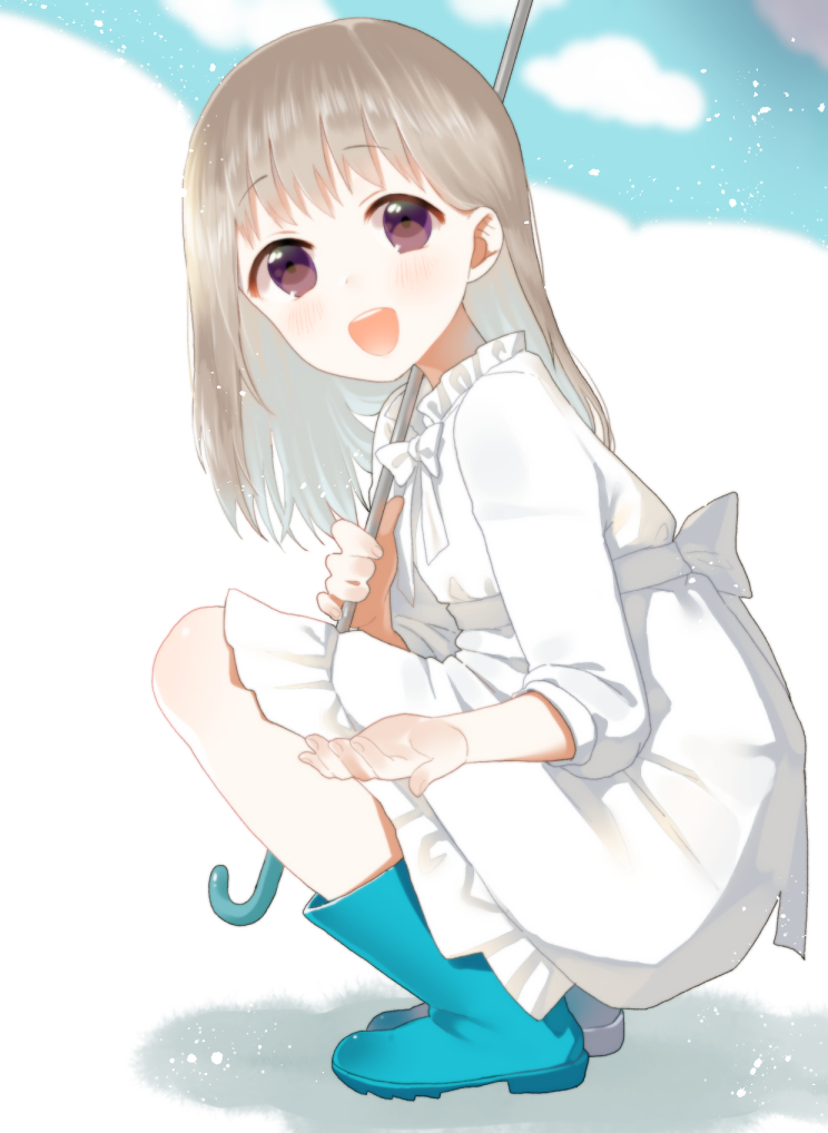 1girl blue_footwear blush boots brown_eyes brown_hair eyebrows_visible_through_hair furururu holding holding_umbrella long_hair long_sleeves looking_at_viewer open_mouth original rubber_boots smile solo squatting umbrella