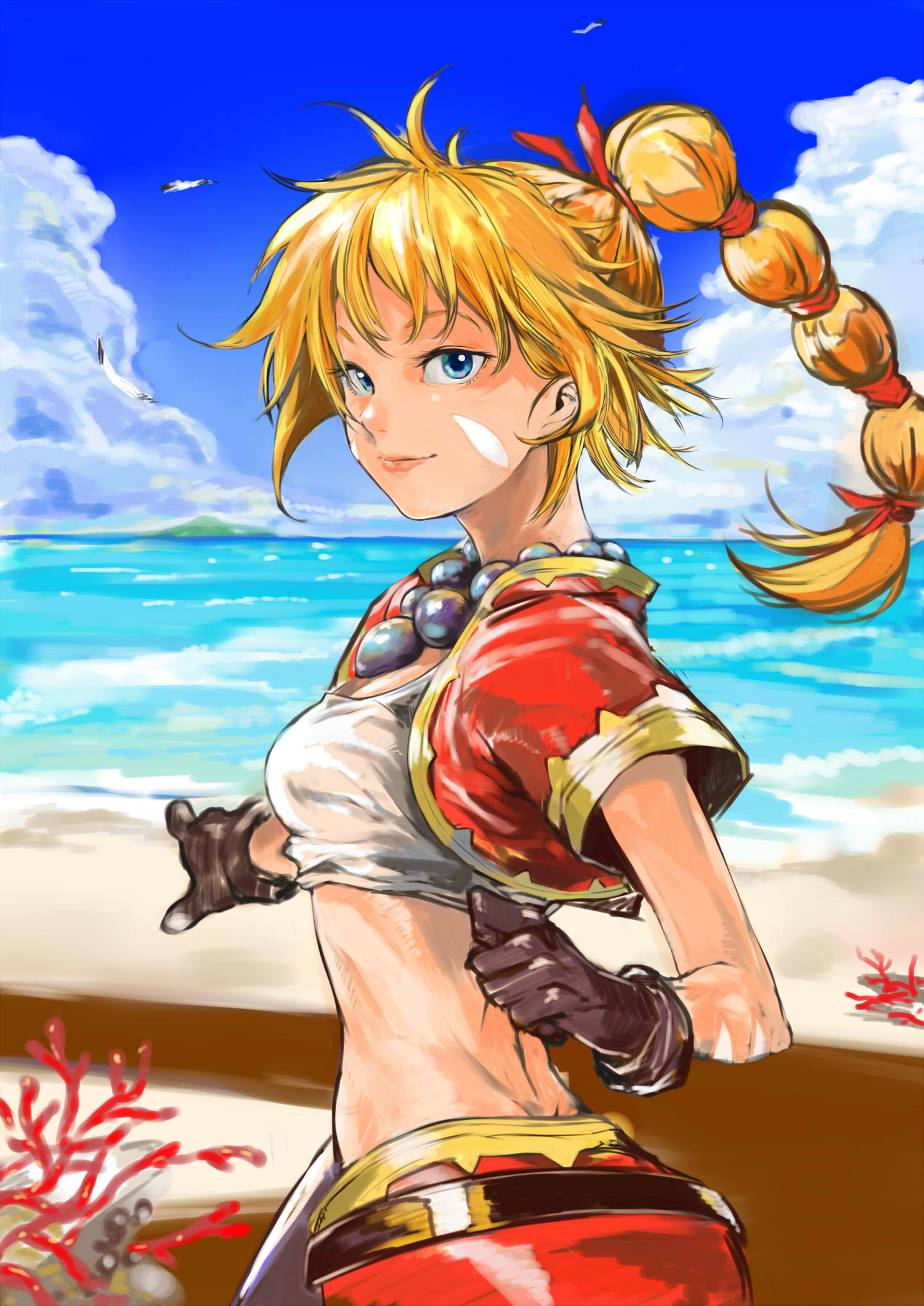 1girl blonde_hair blue_eyes braid breasts butt_crack chrono_cross gloves highres jewelry kid_(chrono_cross) long_hair looking_at_viewer medium_breasts midriff necklace ponytail single_braid skirt smile solo uno_(union) vest
