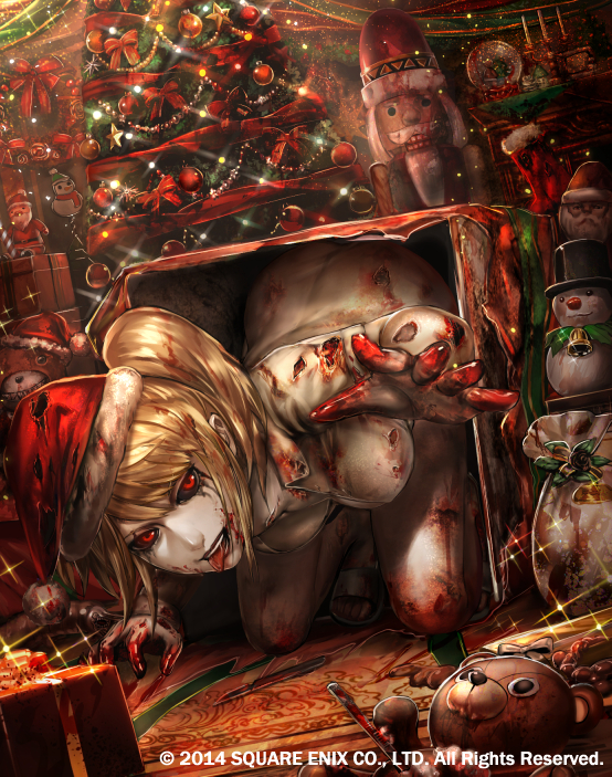 1girl all_fours black_lipstick black_sclera blonde_hair blood blood_on_face bloody_clothes breasts christmas christmas_tree cleavage deadman's_cross deep_wound evil_smile gift_bag hat injury isaroishin lipstick looking_at_viewer makeup medium_breasts nurse nurse_(deadman's_cross) official_art open_mouth outstretched_arm reaching_out red_eyes santa_hat short_sleeves slippers smile sparkle stuffed_animal stuffed_toy teddy_bear tongue tongue_out white_skin zombie