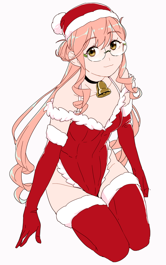 1girl bell bell_choker brown_eyes choker elbow_gloves full_body fur-trimmed_gloves fur-trimmed_legwear fur_trim glasses gloves hat kantai_collection leotard long_hair looking_at_viewer makigumo_(kantai_collection) ojipon pink_hair santa_hat simple_background solo thigh-highs very_long_hair white_background