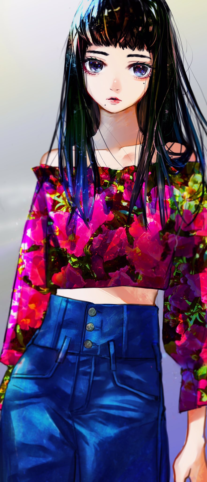 1girl arms_at_sides bangs bare_shoulders black_hair blue_eyes blue_pants blunt_bangs breasts buttons collarbone commentary_request cowboy_shot eyelashes floral_print gradient gradient_background high-waist_pants highres long_hair long_sleeves looking_at_viewer mole mole_under_eye mole_under_mouth nose original osushimanchan pants parted_lips pocket print_shirt purple red_lips shirt sleeveless sleeveless_shirt sleeves_past_elbows solo standing