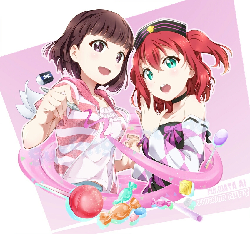 2girls bare_shoulders black_neckwear brown_hair candy character_name choker detached_sleeves eyebrows_visible_through_hair food furihata_ai green_eyes hat kurosawa_ruby lollipop looking_at_viewer love_live! love_live!_sunshine!! multiple_girls open_mouth pencil redhead short_hair short_twintails surfing_orange twintails violet_eyes