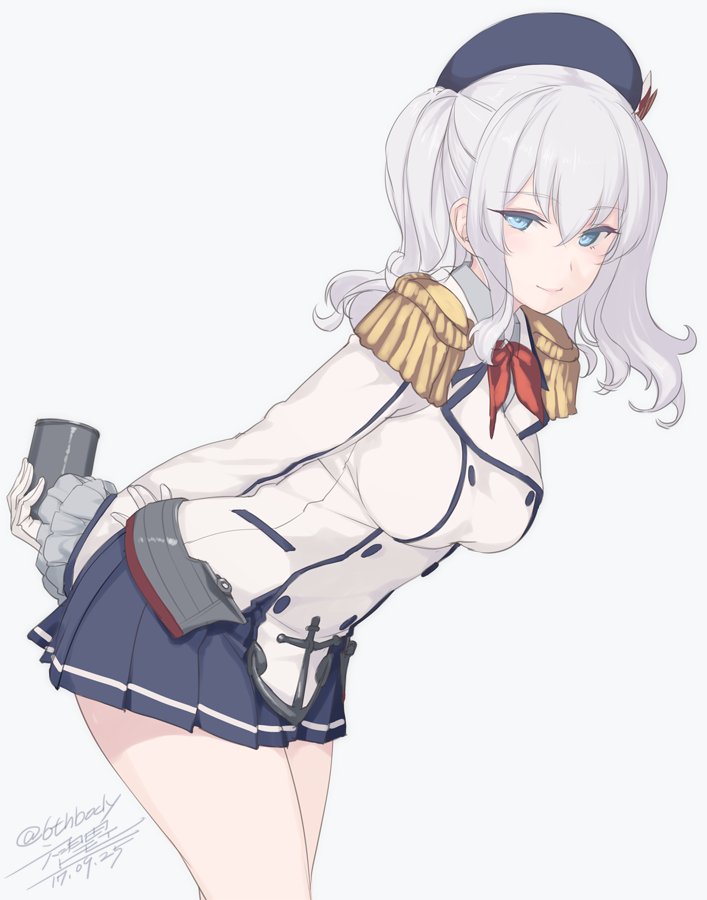 10s 1girl anchor_symbol aqua_eyes arms_behind_back bare_legs beret blue_hat blue_skirt breasts closed_mouth cowboy_shot dated epaulettes eyebrows_visible_through_hair female frilled_sleeves frills gloves grey_background hair_between_eyes hat holding kantai_collection kashima_(kantai_collection) large_breasts leaning leaning_forward legs long_sleeves looking_at_viewer miniskirt pleated_skirt rokuwata_tomoe sidelocks silver_hair simple_background skirt smile solo standing twintails twitter_username uniform white_gloves white_uniform