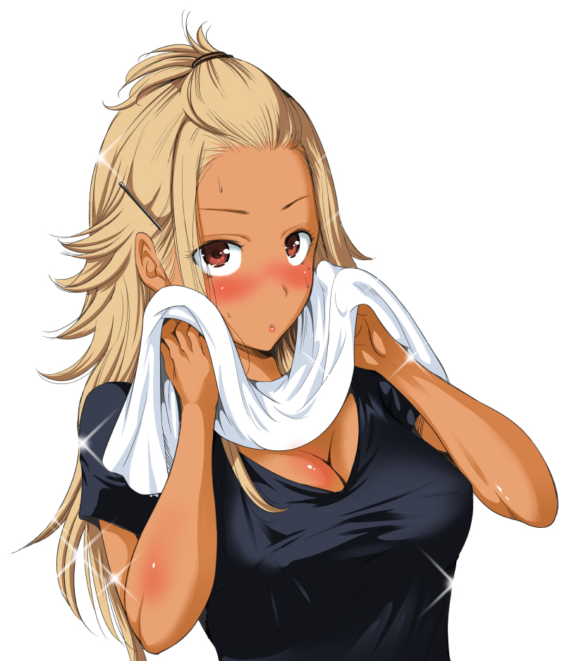 1girl blush breasts brown_hair cleavage dark_skin forehead hair_ornament hairclip large_breasts long_hair looking_at_viewer mole mole_under_eye okumori_boy original red_eyes simple_background solo sweat towel upper_body white_background