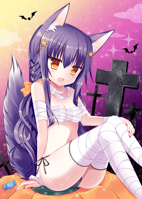 1girl :d animal_ears arm_support bandage bandaged_arm bandaged_leg bat black_panties blush bow braid breasts candy_wrapper cleavage clouds commentary_request cross eyebrows_visible_through_hair fang fingernails gradient_sky hair_between_eyes hair_bow hair_ornament halloween hand_on_leg jitome long_hair looking_at_viewer multicolored multicolored_nail_polish nail_polish on_pumpkin open_mouth orange_bow orange_eyes orange_nails orange_sky original panties polka_dot pumpkin purple_hair purple_nails purple_sky sarashi shikito side-tie_panties sidelocks sitting sky small_breasts smile solo sparkle star star_hair_ornament tail thigh-highs tombstone underwear very_long_hair wolf_ears wolf_girl wolf_tail