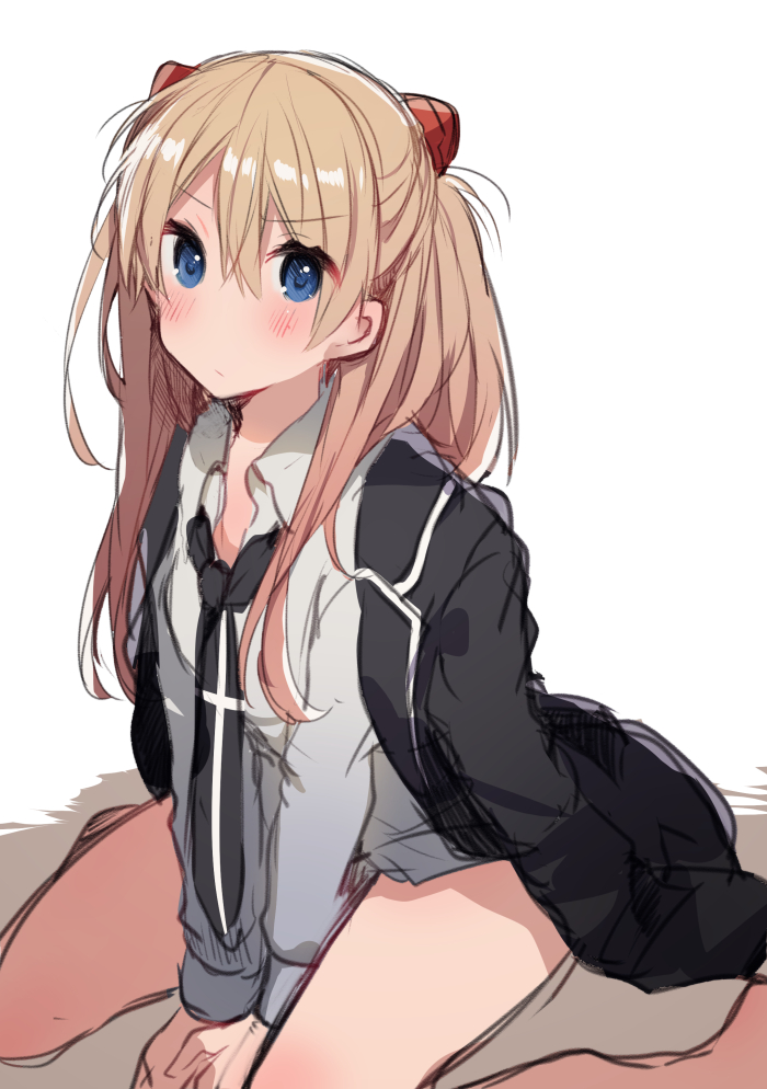 1girl arm_support bare_legs barefoot between_legs black_jacket black_neckwear blonde_hair blue_eyes blush closed_mouth collared_shirt eyebrows_visible_through_hair grey_shirt hair_between_eyes hand_between_legs headgear ikeuchi_tanuma jacket jacket_on_shoulders long_hair long_sleeves looking_at_viewer necktie neon_genesis_evangelion shirt simple_background sitting solo souryuu_asuka_langley wariza white_background