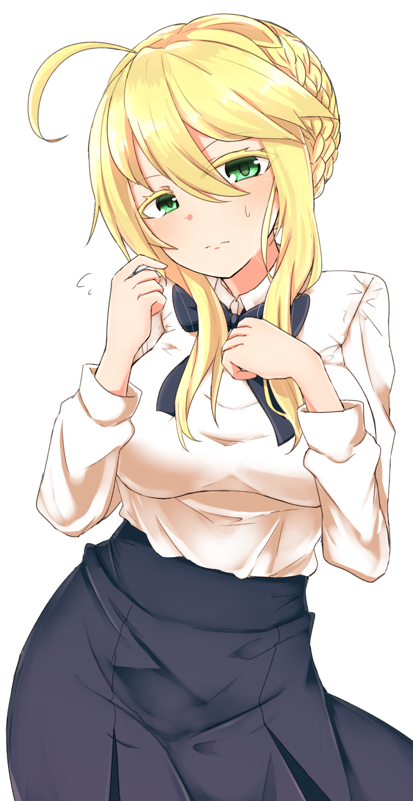 1girl ahoge artoria_pendragon_(all) artoria_pendragon_(lancer) blonde_hair blue_ribbon blue_skirt blush braid breasts chawan_(yultutari) commentary_request contrapposto cosplay eyebrows_visible_through_hair eyes_visible_through_hair fate/grand_order fate/stay_night fate_(series) flying_sweatdrops green_eyes hair_between_eyes head_tilt highres large_breasts long_hair long_sleeves looking_at_viewer neck_ribbon ribbon saber saber_(cosplay) shirt simple_background skirt solo standing sweat white_background white_shirt