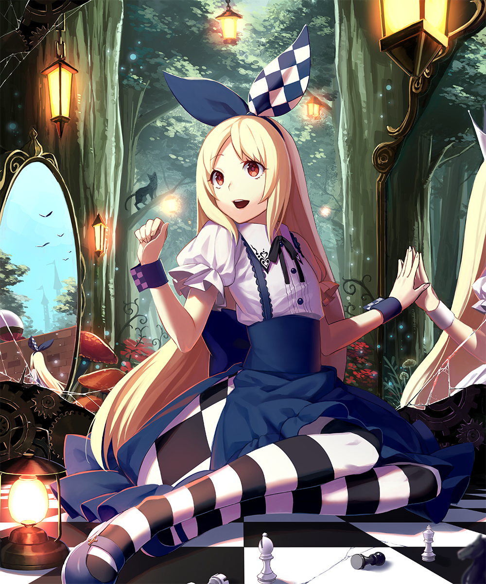 1girl alice_(wonderland) alice_in_wonderland blonde_hair cat checkered checkered_floor chess_piece cracked_glass different_reflection enmr39_(anonyma) forest hair_ribbon high-waist_skirt highres lantern long_hair looking_to_the_side mirror mushroom nature open_mouth original outdoors pantyhose puffy_short_sleeves puffy_sleeves red_eyes reflection ribbon shingoku_no_valhalla_gate short_sleeves sitting skirt smile solo striped striped_legwear very_long_hair wrist_cuffs yokozuwari