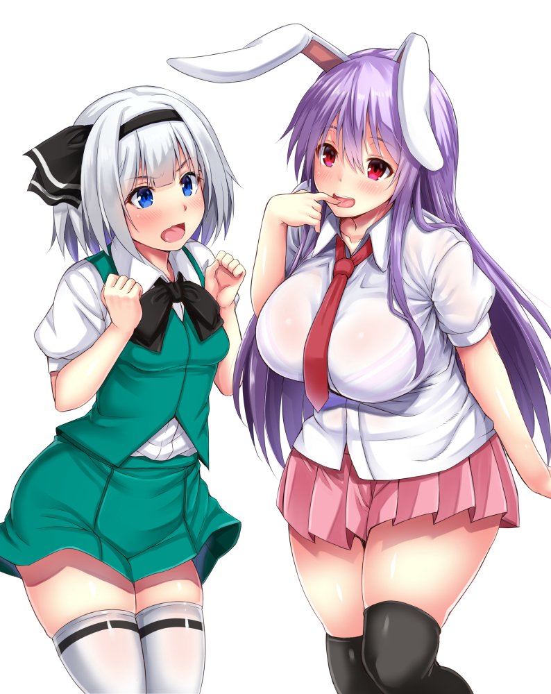 2girls angry animal_ears blue_eyes blush breast_envy breasts ebi_193 konpaku_youmu large_breasts long_hair multiple_girls open_mouth purple_hair rabbit_ears red_eyes reisen_udongein_inaba short_hair silver_hair skirt small_breasts smile tagme touhou