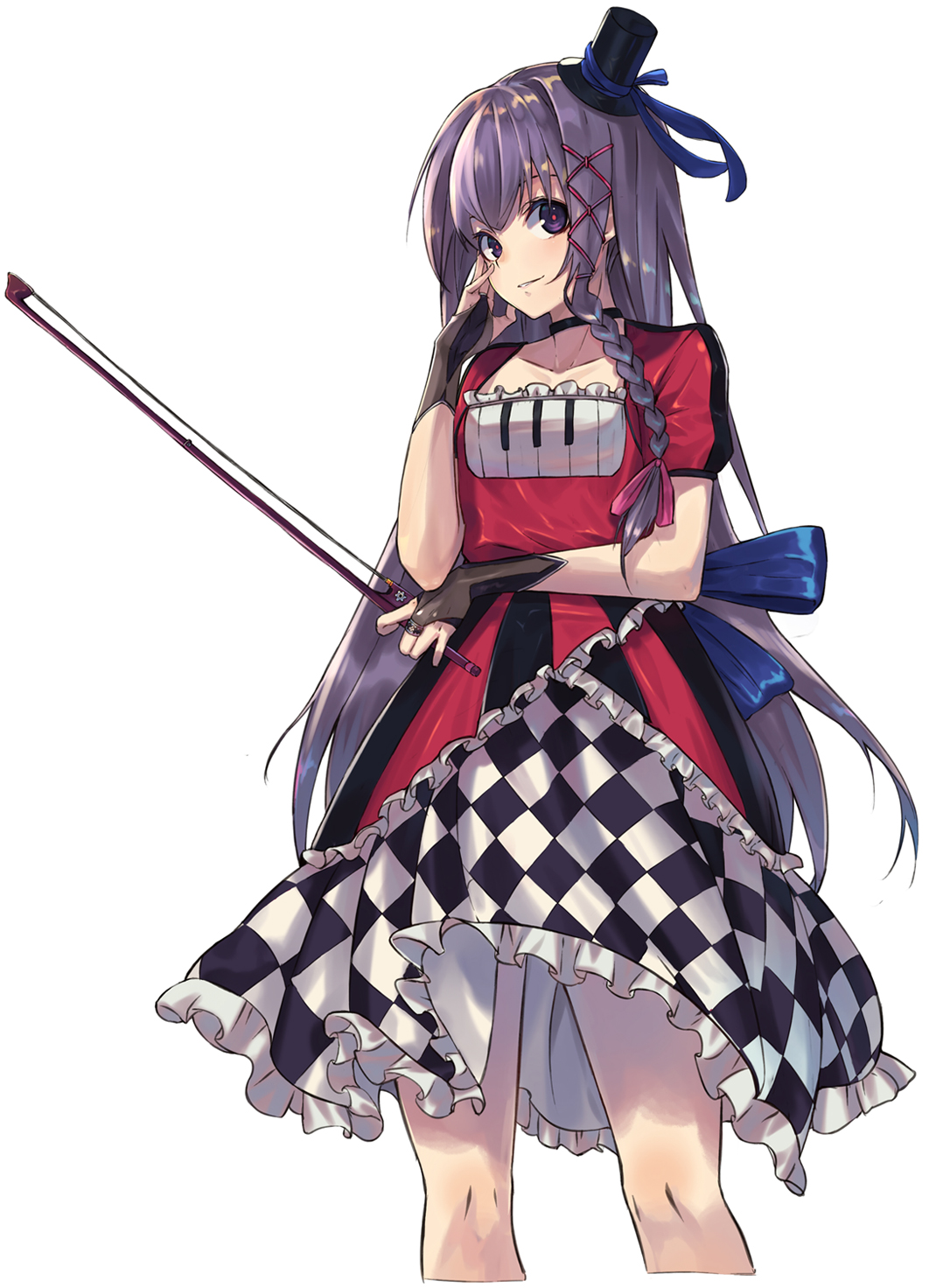 1girl arm_around_waist black_gloves bow_(instrument) braid bridal_gauntlets checkered checkered_dress choker cropped_legs dress frills gloves hair_ribbon hand_on_own_face hat highres hoshino_(illyasviel) light_smile long_hair looking_at_viewer mini_hat mini_top_hat original piano_print purple_hair red_dress red_pupils ribbon short_sleeves simple_background single_braid solo tied_hair top_hat violet_eyes white_background