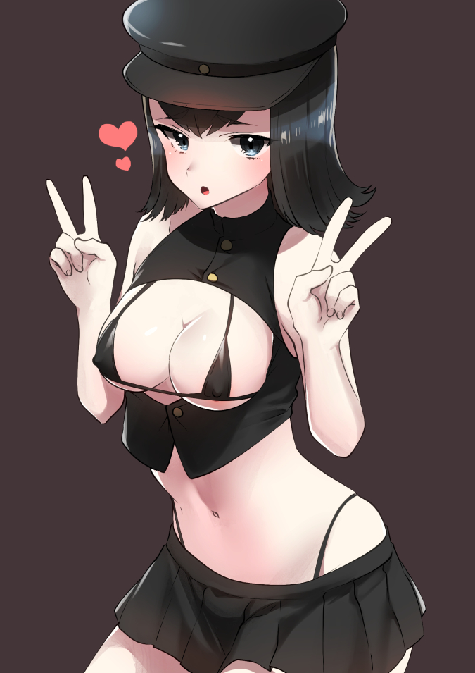 10s 1girl :o akitsu_maru_(kantai_collection) bangs bare_arms bare_shoulders bikini bikini_under_clothes black_bikini black_hair black_hat black_skirt blue_eyes breasts breasts_outside brown_background buttons cleavage closed_mouth commentary_request cowboy_shot crop_top double_v erect_nipples eyebrows_visible_through_hair eyes_visible_through_hair flipped_hair hands_up hat heart high_collar highleg highleg_bikini kantai_collection looking_at_viewer medium_breasts micro_bikini microskirt midriff mizuki_eiru_(akagi_kurage) navel parted_bangs peaked_cap pleated_skirt raised_eyebrows shirt short_hair simple_background skirt sleeveless sleeveless_shirt solo stomach swimsuit unbuttoned v