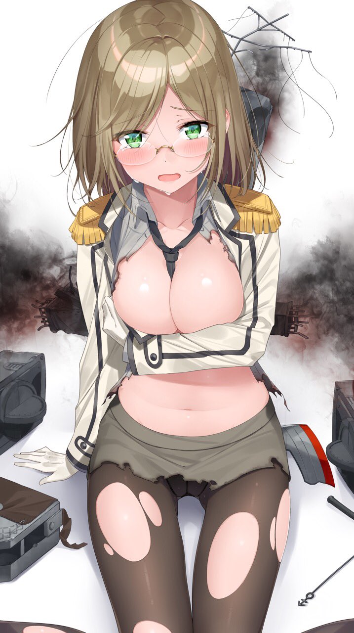 10s 1girl between_breasts blush breast_hold breasts brown_hair brown_legwear cleavage epaulettes eyebrows_visible_through_hair glasses gloves green_eyes gusset highres kantai_collection katori_(kantai_collection) large_breasts long_sleeves looking_at_viewer navel necktie necktie_between_breasts nezumidoshi pantyhose rimless_glasses shirt short_hair skirt solo tears torn_clothes torn_pantyhose torn_shirt torn_skirt white_gloves