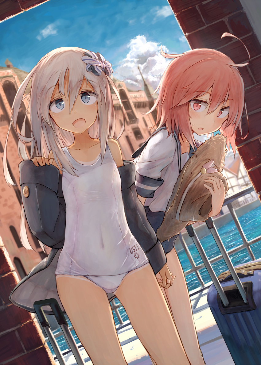 10s 2girls ahoge beize_(garbage) blonde_hair blue_eyes clothes_writing commentary_request hair_between_eyes hand_holding hat i-58_(kantai_collection) kantai_collection long_hair long_sleeves multiple_girls open_mouth pink_eyes pink_hair school_swimsuit school_uniform serafuku short_sleeves straw_hat swimsuit swimsuit_under_clothes u-511_(kantai_collection) underwear white_school_swimsuit white_swimsuit