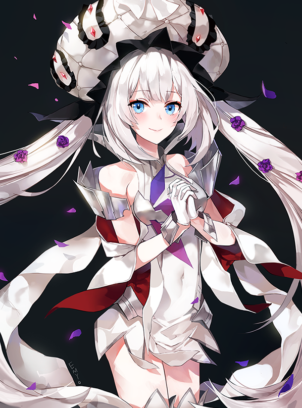 1girl artist_name bangs blue_eyes blush breasts closed_mouth cowboy_shot dress eyebrows_visible_through_hair fate/grand_order fate_(series) flower gloves hair_flower hair_ornament hat long_hair looking_at_viewer marie_antoinette_(fate/grand_order) petals sidelocks silver_hair smile solo tsurime twintails very_long_hair white_gloves white_hat yumaomi