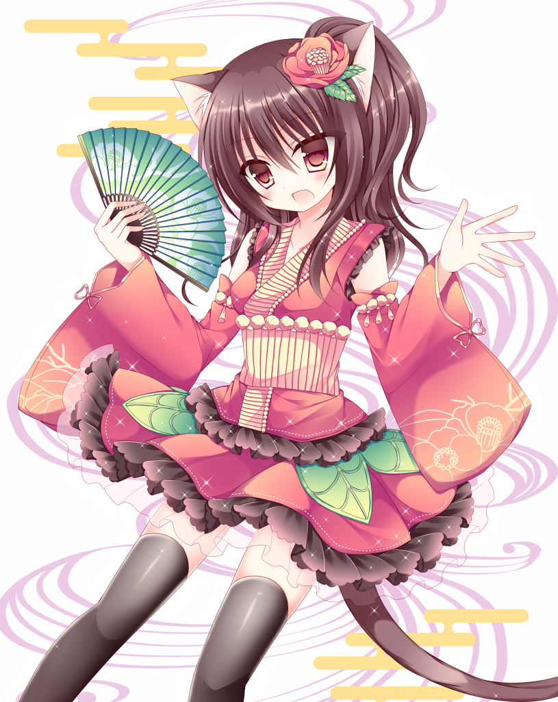 1girl :d animal_ears black_legwear blush brown_eyes brown_hair cat_ears cat_girl cat_tail collarbone commentary_request detached_sleeves egasumi eyebrows_visible_through_hair fan flower folding_fan frilled_kimono frills hair_between_eyes hair_flower hair_ornament head_tilt high_ponytail holding holding_fan japanese_clothes kimono kimono_skirt long_hair long_sleeves looking_at_viewer obi open_mouth original red_kimono sash shikito short_kimono sidelocks sleeveless sleeveless_kimono smile solo tail thigh-highs wide_sleeves