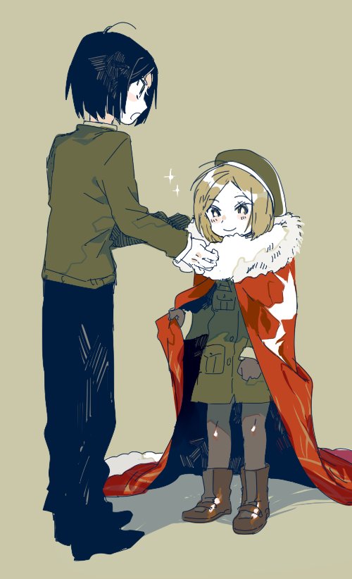 1boy 1girl beret black_hair blonde_hair bob_cut boots cape closed_mouth coat fate/grand_order fate/zero fate_(series) fur_trim green_coat green_hat hat height_difference limited_palette pantyhose paul_bunyan_(fate/grand_order) popokuri red_cape short_hair sparkle sweater waver_velvet