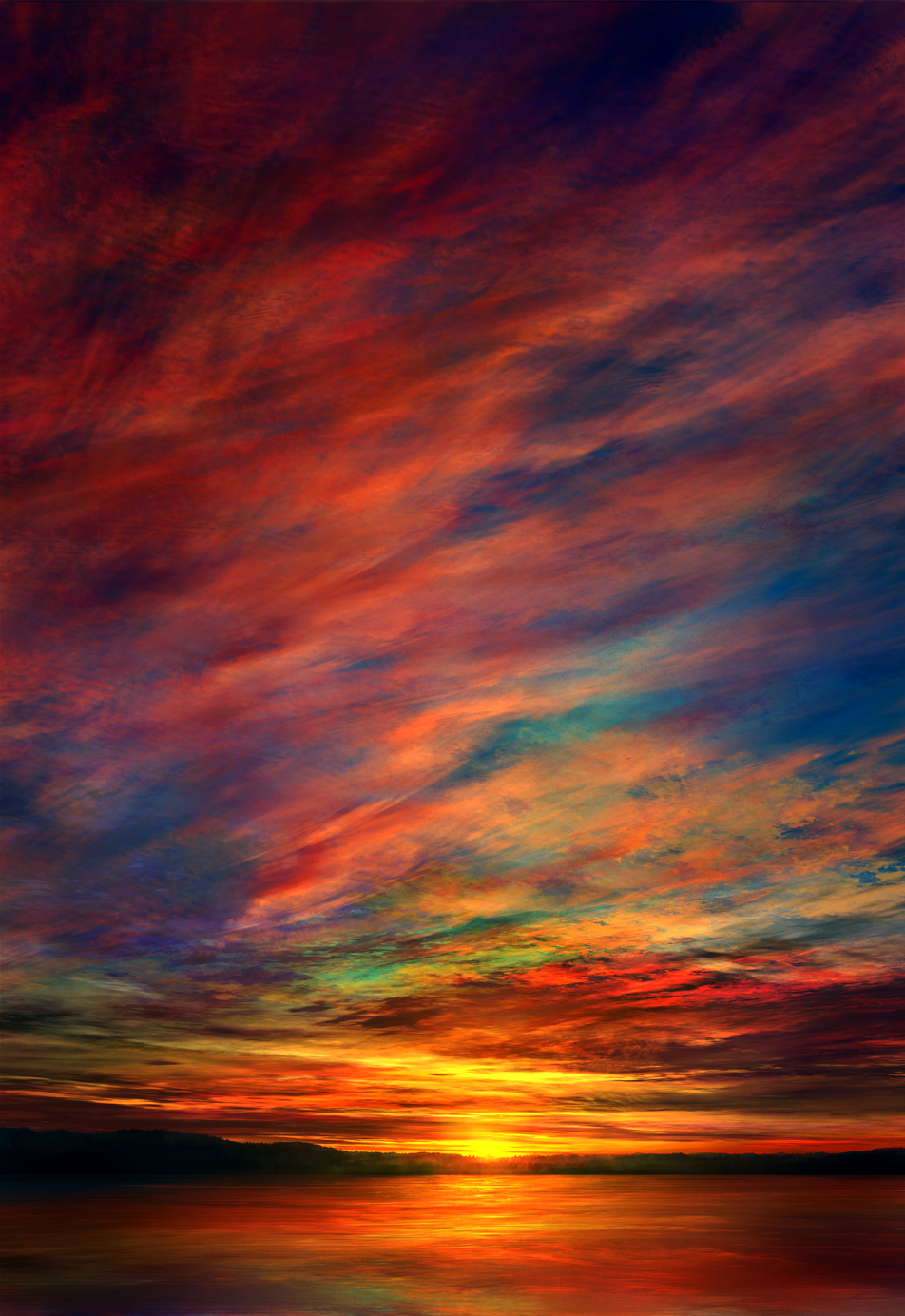 blue_sky commentary_request highres horizon lake mks multicolored multicolored_sky no_humans original outdoors red_sky reflection scenery sky sun sunlight sunset water_surface