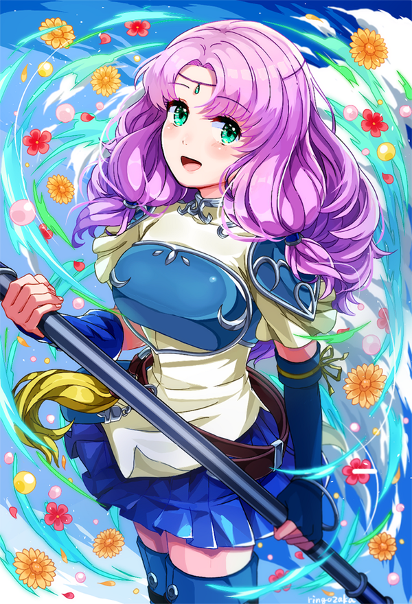 armor breastplate fire_emblem fire_emblem:_rekka_no_ken floral_background florina green_eyes holding holding_spear holding_weapon looking_at_viewer open_mouth pauldrons polearm purple_hair ringozaka_mariko skirt smile spear thigh-highs wavy_hair weapon