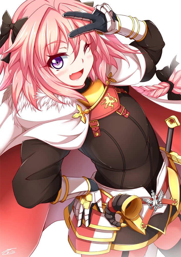 1boy :d belt black_jacket black_legwear black_ribbon blush braid cape commentary_request eyebrows_visible_through_hair fang fate/apocrypha fate_(series) fur_trim gauntlets hair_between_eyes hair_ornament hair_ribbon hand_on_hip horn_(instrument) insignia jacket long_hair long_sleeves looking_at_viewer male_focus one_eye_closed open_mouth pink_hair ribbon rider_of_black sayossa_(pak-front) sheath sheathed simple_background single_braid smile solo sword thigh-highs trap tress_ribbon v very_long_hair violet_eyes weapon white_background white_cape