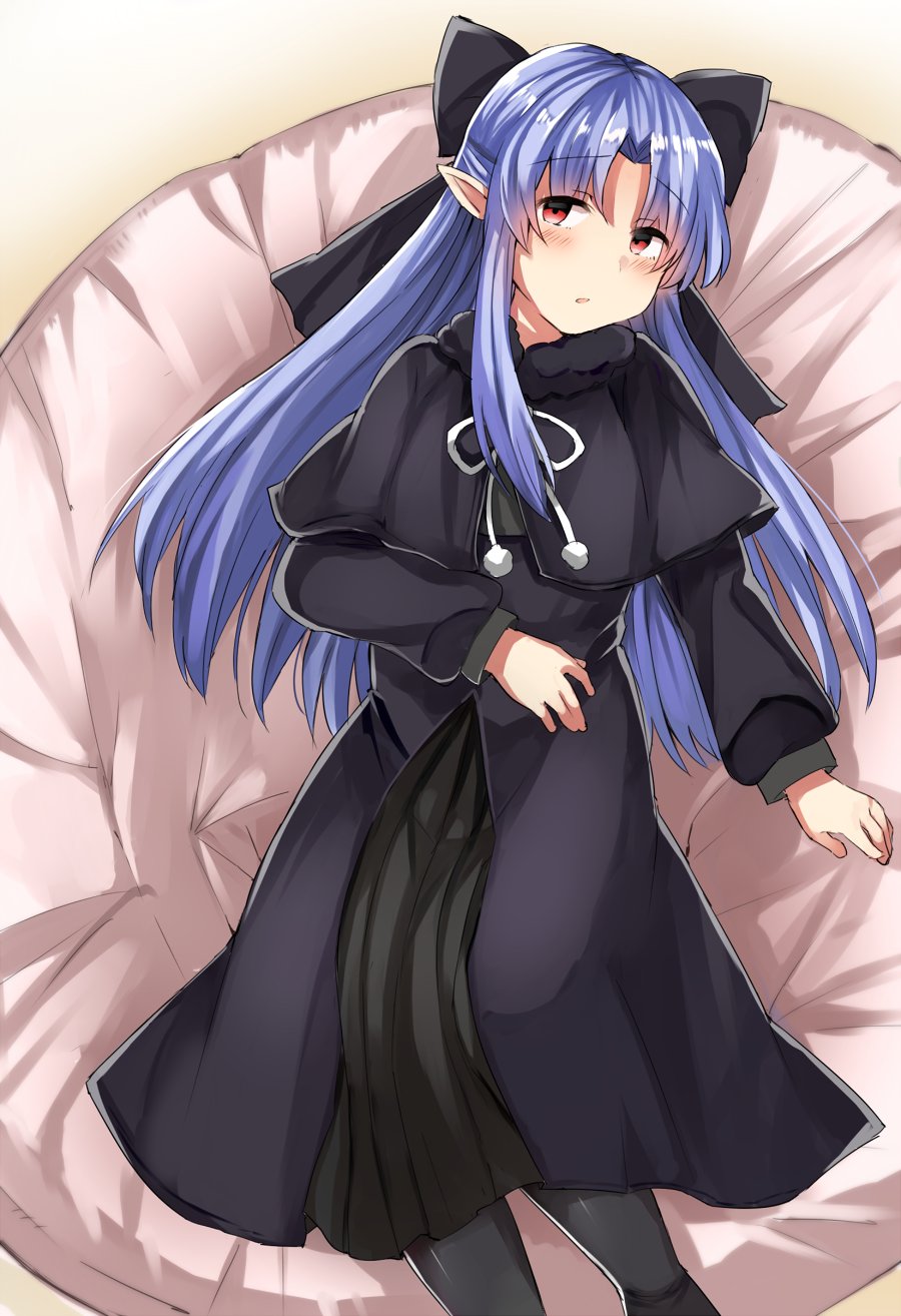 1girl black_capelet black_dress black_legwear black_ribbon blue_hair blush capelet commentary_request dress eyebrows_visible_through_hair feet_out_of_frame from_above fur_trim hair_ribbon highres len long_dress long_hair long_sleeves looking_at_viewer lying melty_blood on_back pantyhose parted_lips pom_pom_(clothes) red_eyes ribbon sabujiroko solo tsukihime