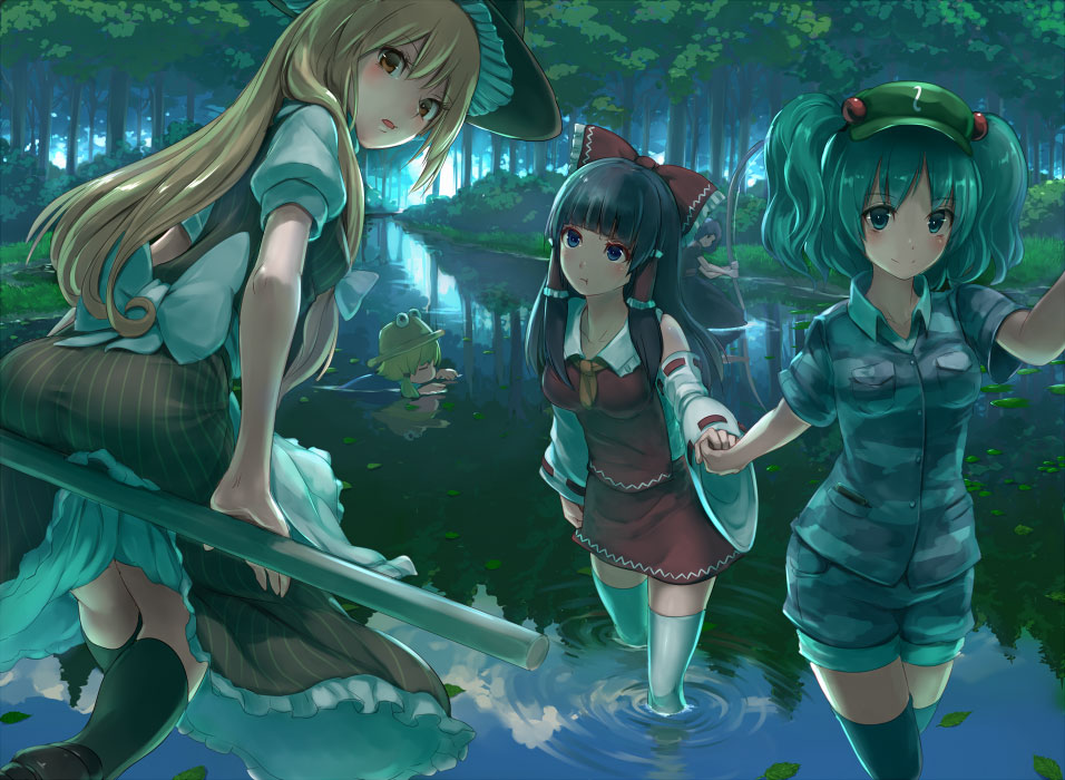 5girls :t apron aqua_eyes black_hair black_legwear blonde_hair blue_eyes blue_hair blue_legwear bow breasts broom broom_riding camouflage camouflage_shirt camouflage_shorts day detached_sleeves eno_(whiskeyne) forest green_hat hair_bobbles hair_bow hair_ornament hair_tubes hakurei_reimu hand_holding hat kawashiro_nitori kirisame_marisa leaf lily_pad long_hair looking_at_another looking_at_viewer looking_back medium_breasts moriya_suwako multiple_girls nature outdoors parted_lips partially_submerged pout puffy_short_sleeves puffy_sleeves red_skirt red_vest river rope shimenawa short_hair short_sleeves shorts skirt sleeves_rolled_up smile striped striped_skirt striped_vest swimming thigh-highs touhou two_side_up vest wading waist_apron white_legwear witch_hat yasaka_kanako yellow_eyes zettai_ryouiki