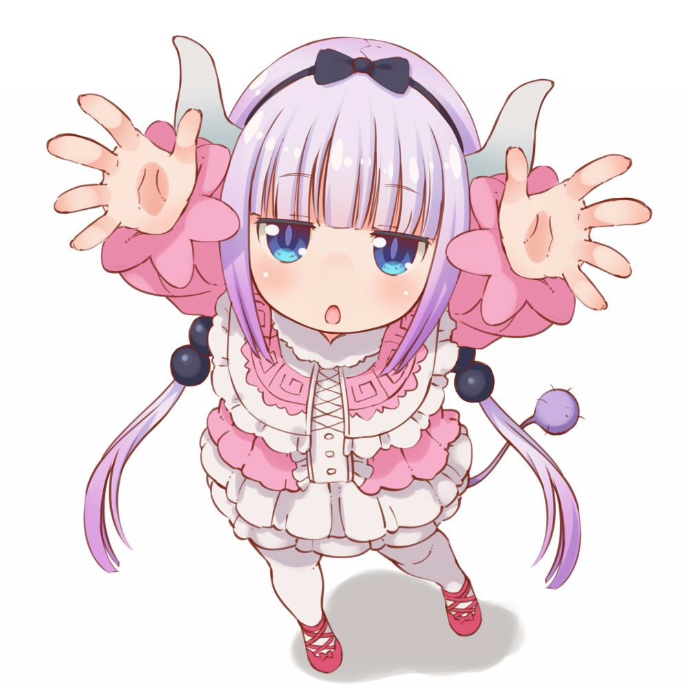 1girl :o bangs beads blunt_bangs blush capelet dragon_girl dragon_horns dragon_tail dress eyebrows_visible_through_hair frilled_dress frills full_body hair_beads hair_ornament hairband half-closed_eyes hondarai horns kanna_kamui kobayashi-san_chi_no_maidragon lavender_hair long_sleeves looking_at_viewer open_mouth outstretched_arms pov reaching_out simple_background solo tail thigh-highs white_background white_legwear