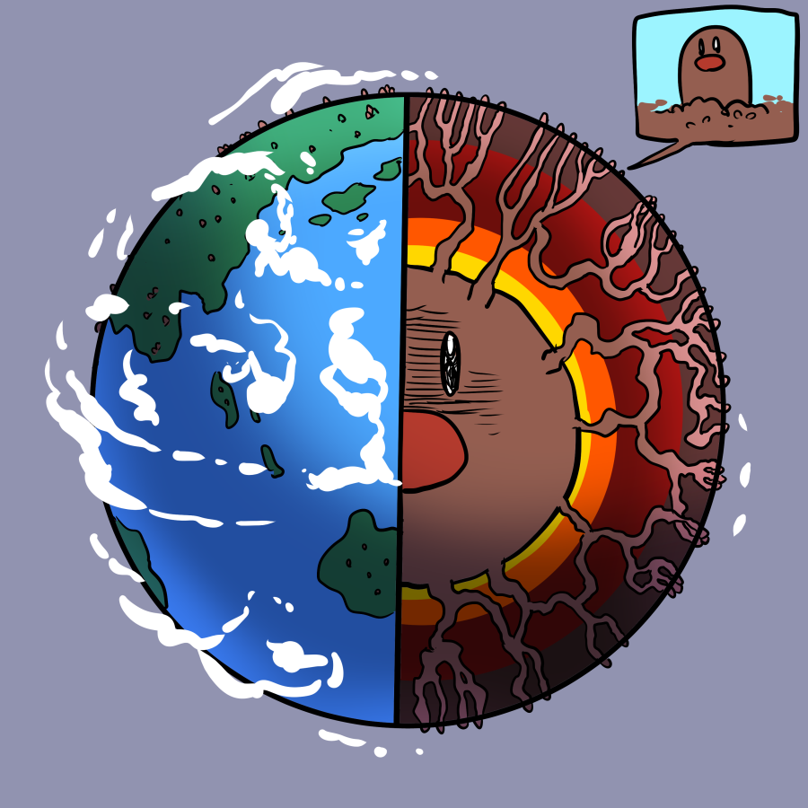 black_eyes close-up clouds cross_section diagram diglett dugtrio earth grey_background island no_humans ocean planet pokemon pokemon_(creature) red_nose roots suparu_(detteiu) what