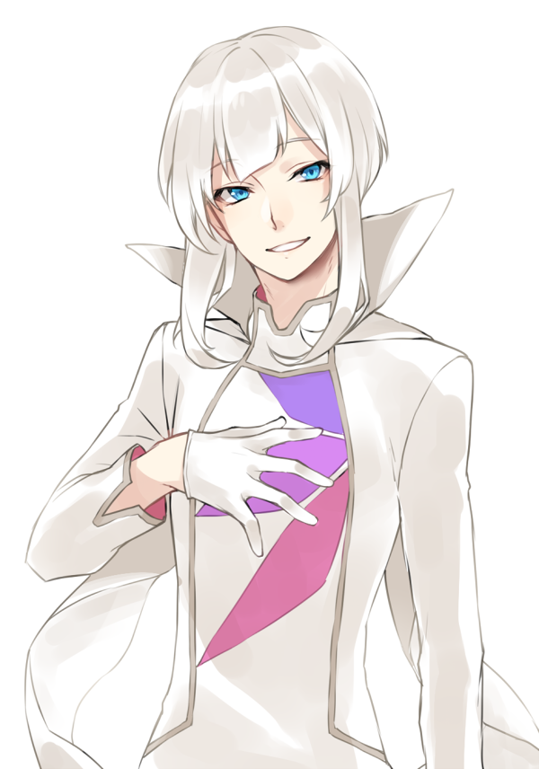 1boy blue_eyes fate/grand_order fate_(series) genderswap genderswap_(ftm) gloves hand_on_own_chest high_collar male_focus marie_antoinette_(fate/grand_order) short_hair sidelocks simple_background smile solo upper_body white_background white_gloves white_hair