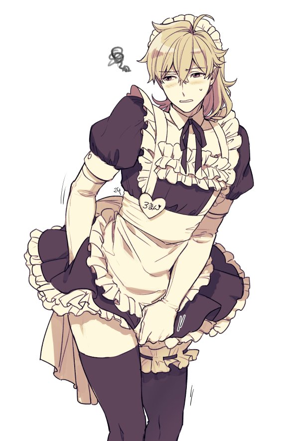 1boy adjusting_clothes ahoge alternate_costume apron blush crossdressinging duo_chromatic elbow_gloves embarrassed enmaided fate/grand_order fate_(series) frilled_skirt frills gloves kihonsiii looking_to_the_side maid maid_apron male_focus parted_lips ponytail puffy_short_sleeves puffy_sleeves romani_akiman short_sleeves skirt squiggle thigh-highs thighlet wavy_mouth