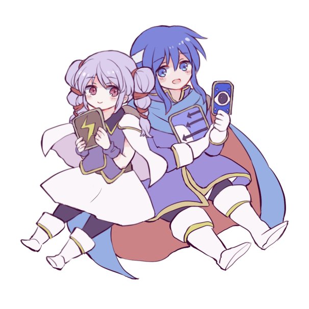 1boy 1girl blue_hair boots cape celice_(fire_emblem) cellphone chibi drill_hair fire_emblem fire_emblem:_seisen_no_keifu gloves headband holding holding_phone kitano_373 long_hair phone purple_hair simple_background smartphone smile tinny_(fire_emblem) twin_drills white_background