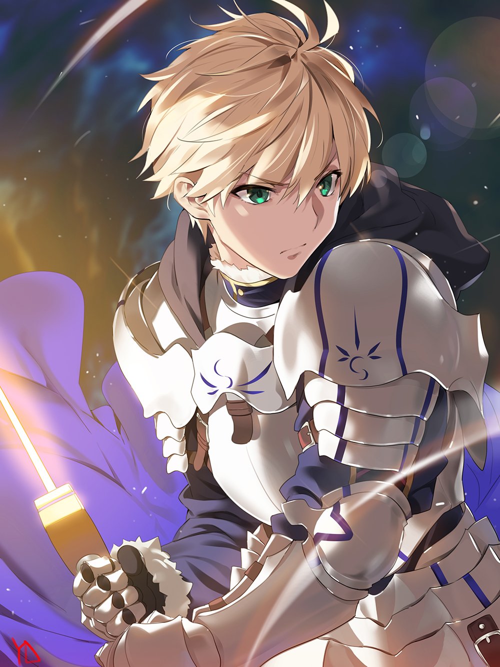 1boy armor blonde_hair breastplate excalibur_(fate/prototype) faulds gauntlets greaves green_eyes highres hood pauldrons saber_(fate/prototype) solo sword weapon yang-do