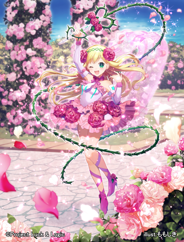 1girl ;d bare_shoulders blonde_hair dress flower full_body green_eyes hair_flower hair_ornament hairband high_heels hina_logi_-_from_luck_&amp;_logic index_finger_raised liones_yelistratova long_hair looking_at_viewer luck_&amp;_logic momoshiki_tsubaki official_art one_eye_closed open_mouth outdoors pink_dress pink_rose pink_shoes red_rose rose shoes smile solo whip