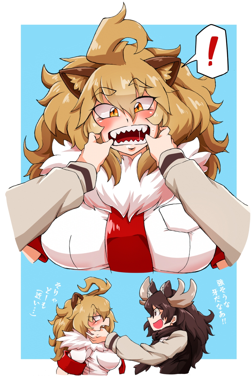 ! &gt;:d 2girls 2koma :d ahoge animal_ears antlers blonde_hair breast_pocket brown_eyes brown_hair comic commentary_request elbow_gloves extra_ears eye_contact eyebrows_visible_through_hair finger_in_another's_mouth fur_collar gloves hair_between_eyes hands_up highres kemono_friends lion_(kemono_friends) lion_ears long_hair looking_at_another millipen_(medium) moose_(kemono_friends) moose_ears multiple_girls necktie open_mouth orange_hair pocket red_necktie scarf sharp_teeth shirt short_sleeves slit_pupils smile spoken_exclamation_mark standing sweater teeth traditional_media translation_request upper_body warawaranka