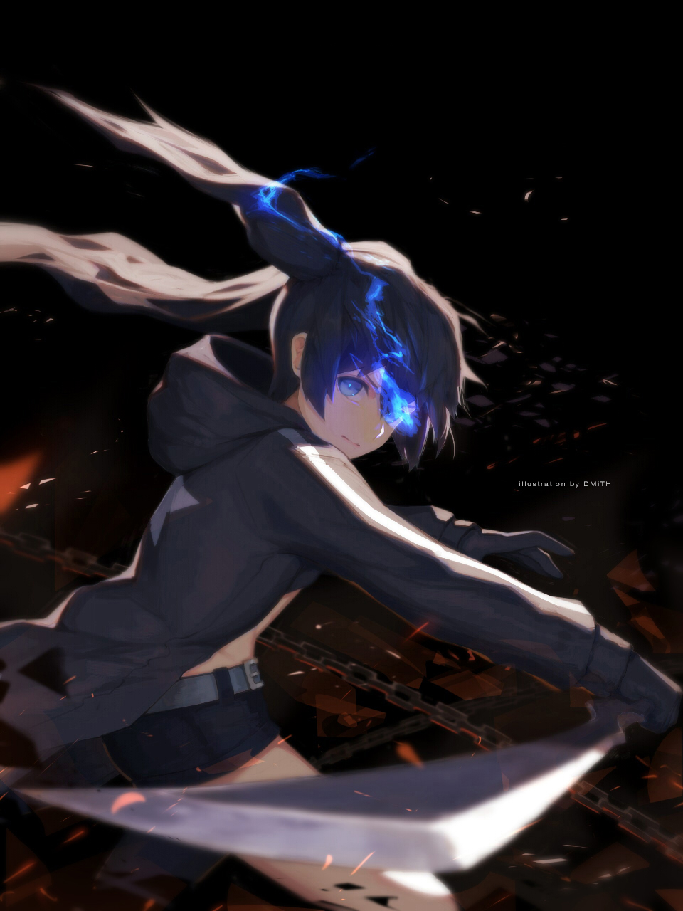 1girl artist_name asymmetrical_hair bagus_casbon belt black_background black_coat black_gloves black_hair black_rock_shooter black_rock_shooter_(character) black_shorts blue_eyes burning_eyes chains gloves hair_between_eyes highres holding holding_sword holding_weapon hood long_hair looking_at_viewer midriff short_shorts shorts solo star star_print sword twintails weapon