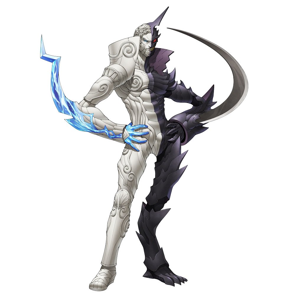 1boy arm_blade beard blue_eyes claws curly_hair doi_masayuki facial_hair frown grin hands_on_hips heterochromia horn lightning_bolt official_art red_eyes sharp_teeth shin_megami_tensei shin_megami_tensei:_strange_journey smile solid_eyes split_theme teeth weapon white_background zeus_(megami_tensei)