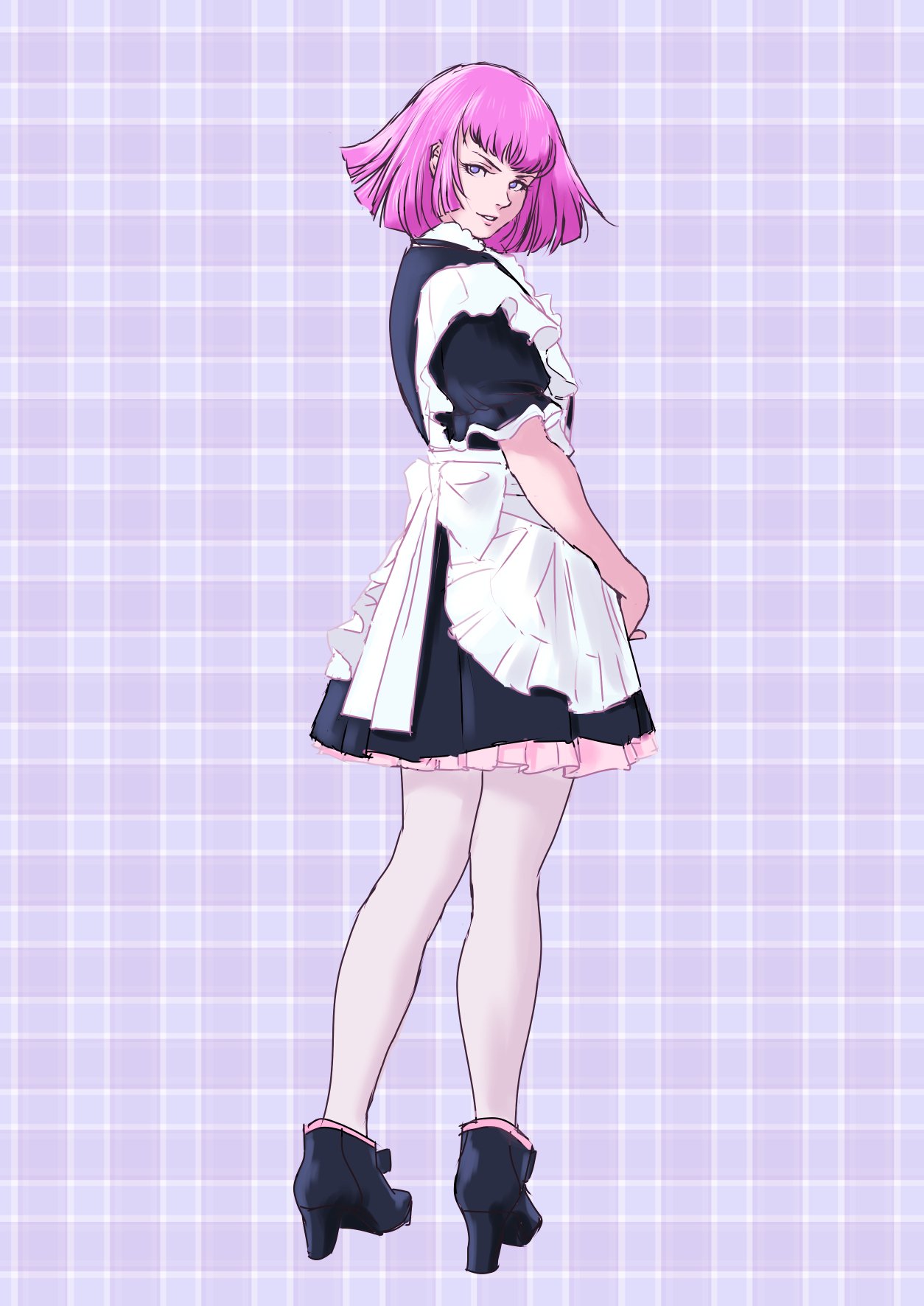 1girl apron gundam gundam_zz haman_karn highres looking_back maid maid_apron purple_hair simple_background smile solo teikoku_jokyoku