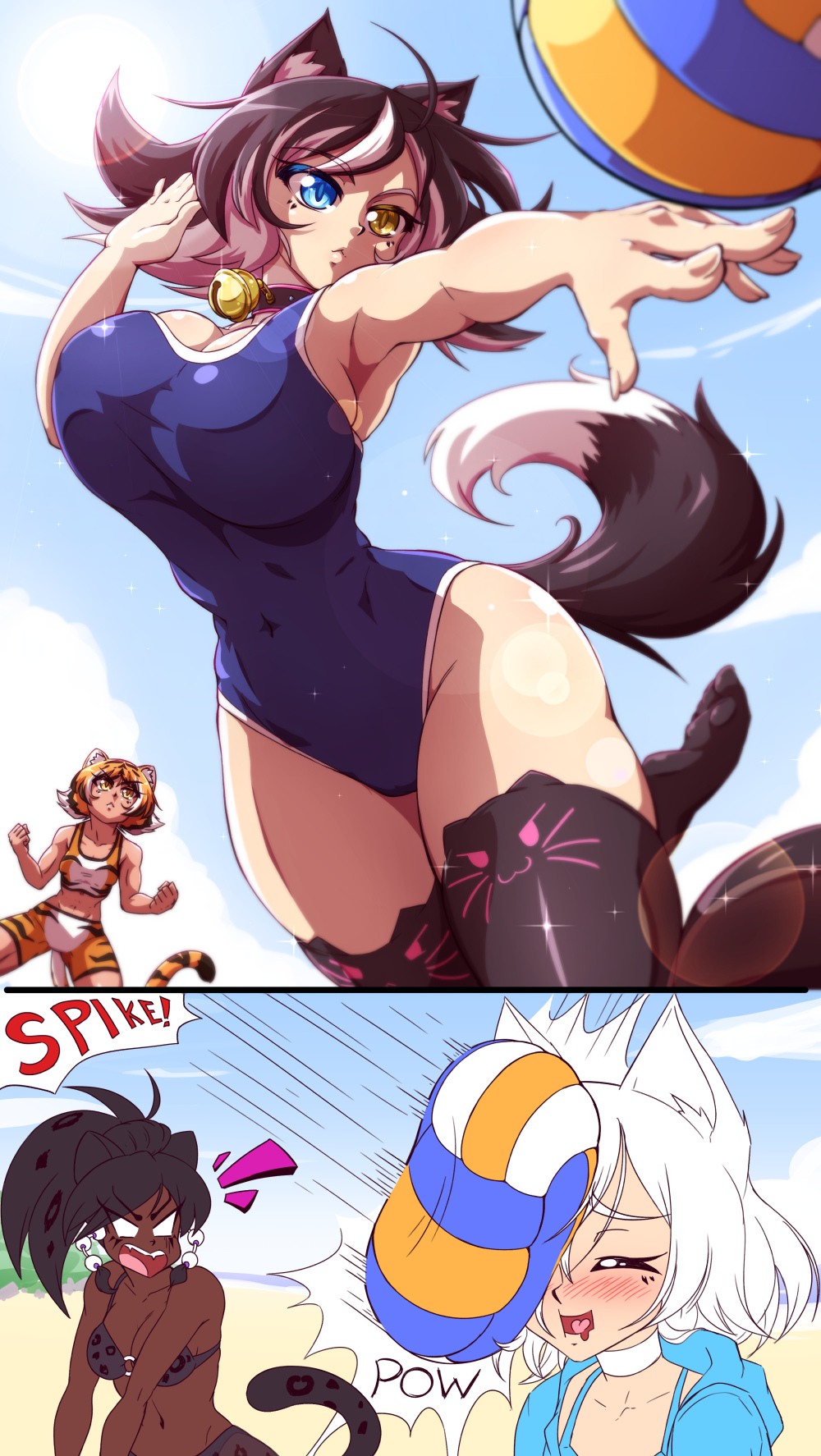 4girls animal_ears beach black_hair black_legwear blue_eyes blush breasts cat_ears cat_lingerie cat_tail cleavage dark_skin heterochromia highres kat_(mazume) kit_(mazume) kotora_(mazume) large_breasts leola leopard_ears leopard_tail mazume meme_attire multiple_girls one-piece_swimsuit open_mouth orange_eyes orange_hair original saliva sand swimsuit tail tiger_ears tiger_tail volleyball volleyball_net white_hair