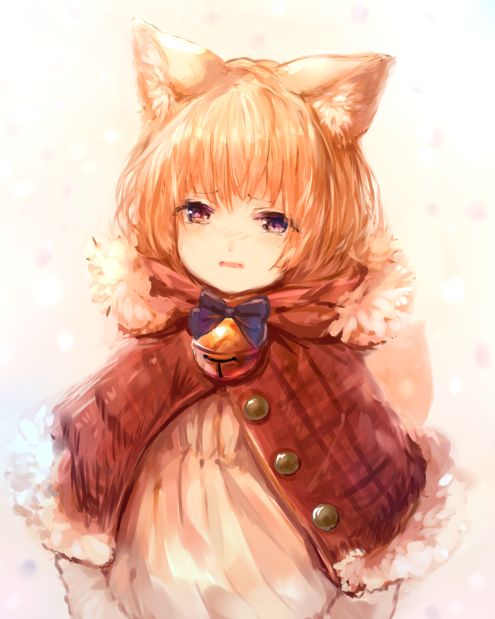 1girl animal_ears bangs bell blonde_hair blue_bow blue_neckwear blush bow bowtie buttons capelet cat_ears dress eyebrows_visible_through_hair fur_trim highres jingle_bell kid looking_at_viewer original parted_lips sad short_hair solo sukemyon tearing_up upper_body violet_eyes white_dress