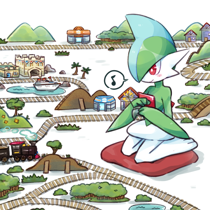 drawfag gallade kneeling musical_note pokemon pokemon_(creature) pokemon_center red_eyes smile solo toy_boat toy_train