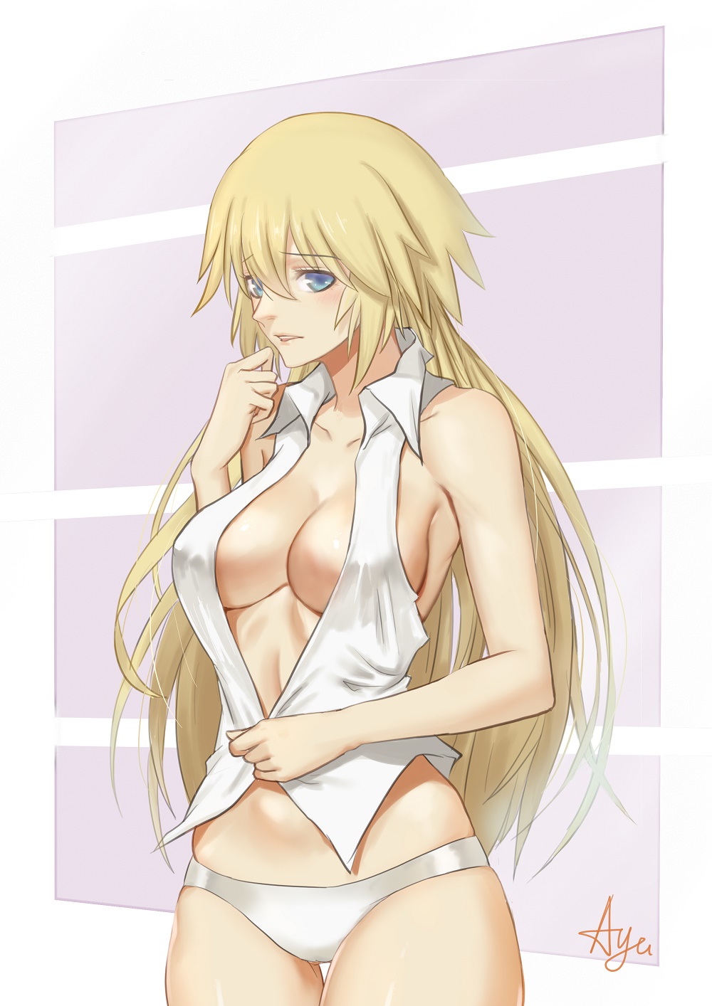 1girl alternate_costume artist_name ayu_(p1314_win) bare_shoulders blue_eyes blush breasts cleavage erect_nipples fate/apocrypha fate_(series) highres large_breasts long_hair looking_at_viewer midriff pants parted_lips ruler_(fate/apocrypha) signature solo standing thigh_gap white_pants