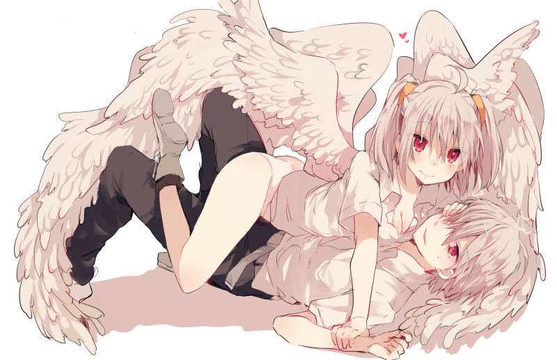 1boy 1girl ahoge angel_chromosome_xx angel_wings belt black_pants blush boots breasts cleavage closed_mouth feathered_wings girl_on_top grey_boots hair_over_one_eye heart ikeuchi_tanuma looking_at_viewer lying medium_breasts medium_hair multiple_wings nagisa_kaworu neon_genesis_evangelion no_pants on_back one_eye_covered panties pants parted_lips pink_eyes selfcest shirt simple_background smile straddling tabris tabris-xx two_side_up underwear white_background white_panties white_shirt wings