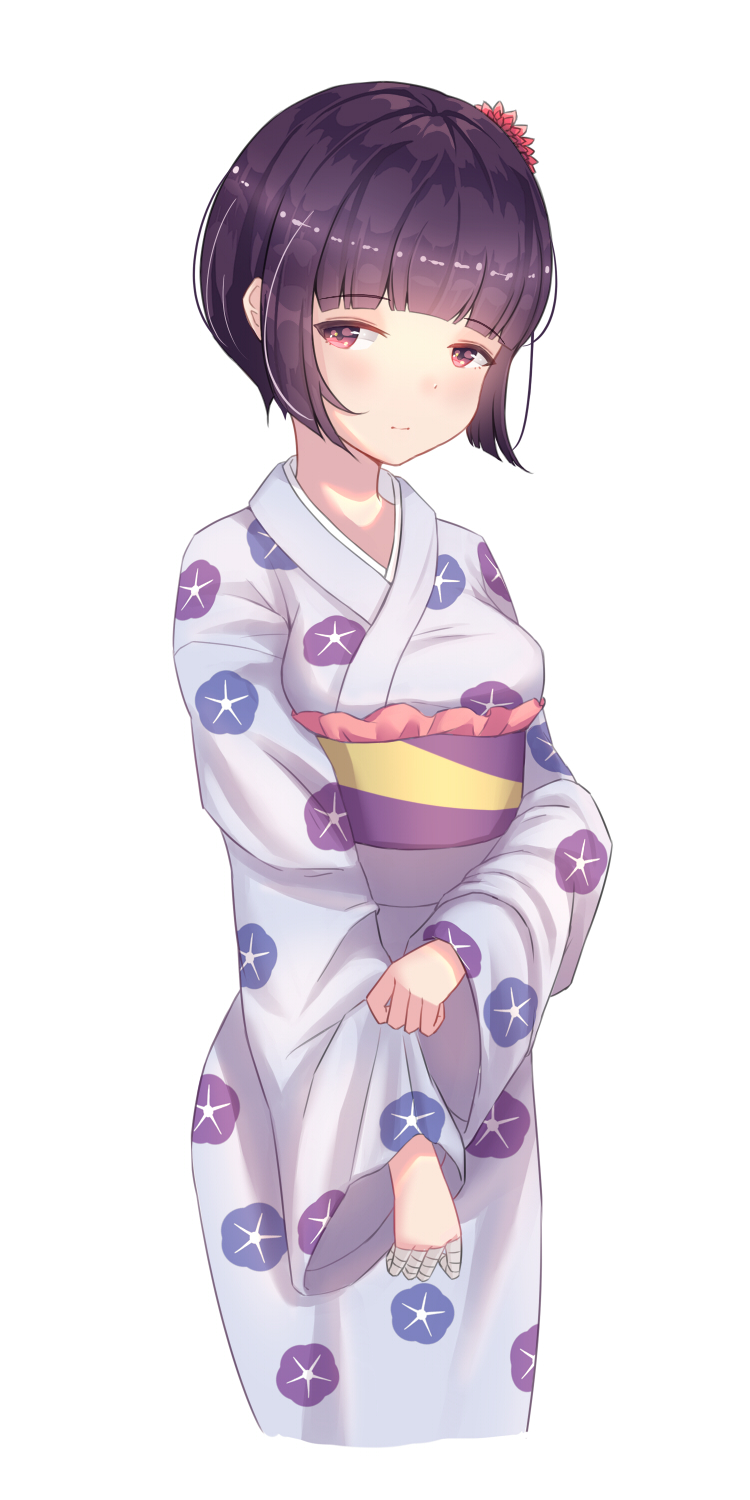 1girl bandage black_hair brown_eyes cropped_legs eromanga_sensei eyebrows_visible_through_hair grey_kimono hair_ornament highres japanese_clothes kimono lolicondeath1 looking_at_viewer obi sash senju_muramasa short_hair simple_background solo standing white_background yukata