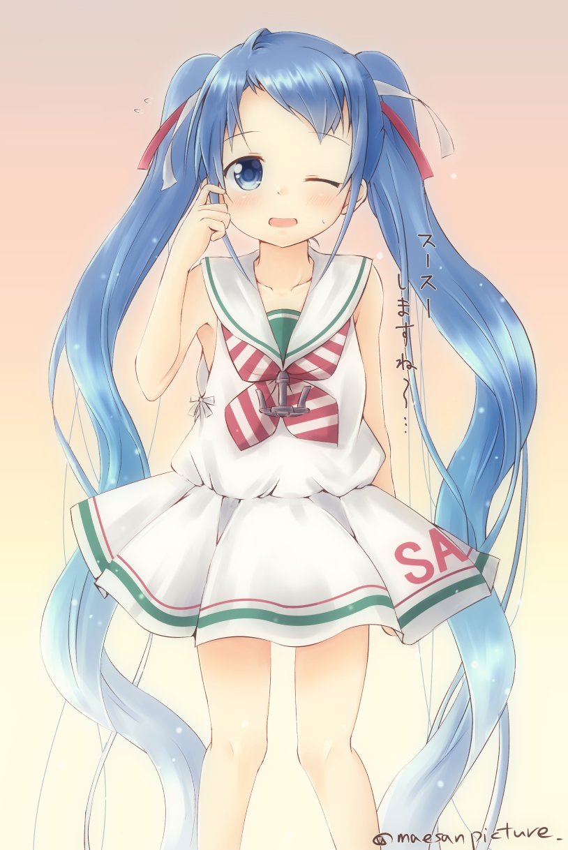 1girl ;d alternate_costume blue_eyes blue_hair blush commentary cosplay dress gradient gradient_background gradient_hair hair_ribbon highres kantai_collection libeccio_(kantai_collection) libeccio_(kantai_collection)_(cosplay) long_hair looking_at_viewer mae_(maesanpicture) multicolored_hair one_eye_closed open_mouth ribbon sailor_dress samidare_(kantai_collection) scratching_cheek sleeveless sleeveless_dress smile solo twintails twitter_username very_long_hair