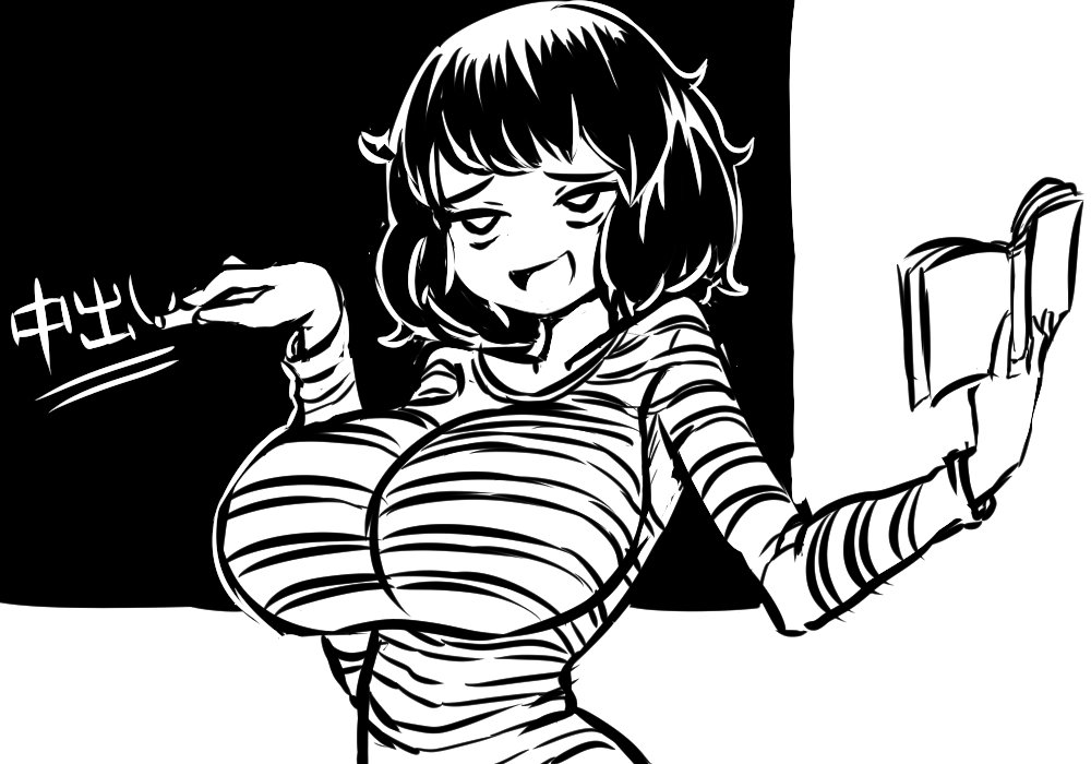 10s 1girl alternate_breast_size book breasts chalk chalkboard holding holding_book huge_breasts impossible_clothes impossible_shirt invader kawakami_sadayo persona persona_5 shirt striped striped_shirt translated wavy_hair