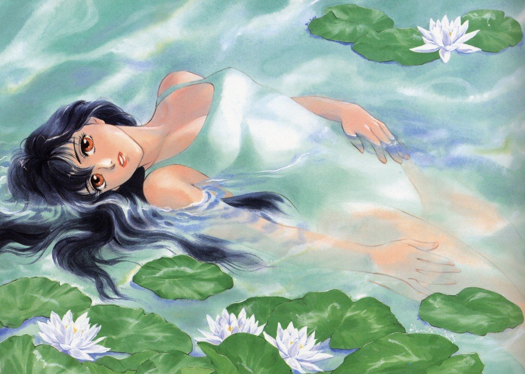 1girl black_hair brown_eyes flower lily_(flower) long_hair looking_at_viewer one-piece_swimsuit parted_lips partially_submerged solo swimsuit takada_akemi traditional_media water watercolor_(medium) white_swimsuit