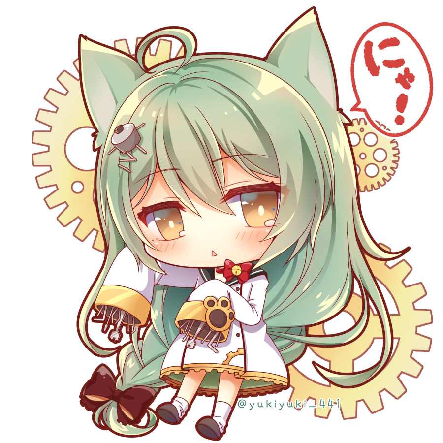 1girl ahoge akashi_(azur_lane) animal_ears azur_lane bell bell_choker cat_ears choker commentary_request gears green_hair hair_ornament hairpin long_hair looking_at_viewer ribbon_choker screwdriver sleeves_past_wrists solo translated triangle_mouth twitter_username wrench yellow_eyes yukiyuki_441
