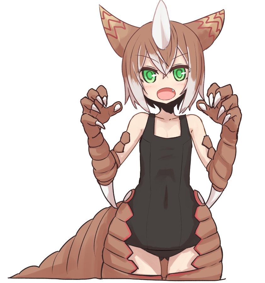 &gt;:o 1girl :o animal_ears bare_shoulders black_swimsuit blush brown_hair claws covered_navel cowboy_shot explosive fang fingernails flat_chest gomora grenade hair_between_eyes hands_up horn looking_at_viewer monster_girl multicolored_hair new_school_swimsuit no_nose one-piece_swimsuit open_mouth scales school_swimsuit sharp_fingernails short_hair simple_background solo standing sumiyao_(amam) swimsuit tail ultra_kaijuu_gijinka_keikaku ultra_series white_background