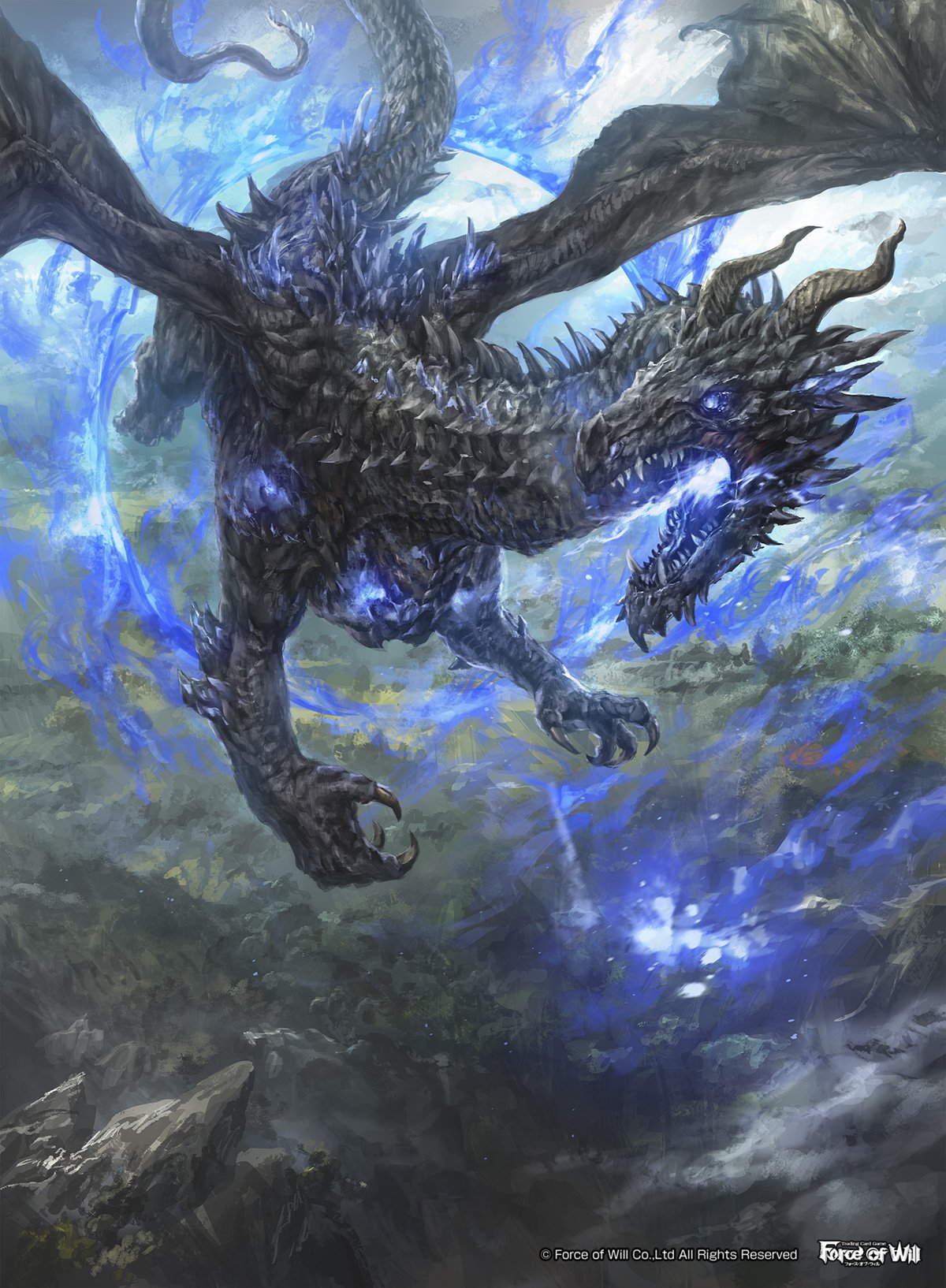 bat_wings copyright_name dragon dragon_horns dragon_tail force_of_will highres horns mad_(artist) mountain no_humans official_art open_mouth rock solo tail violet_eyes wings