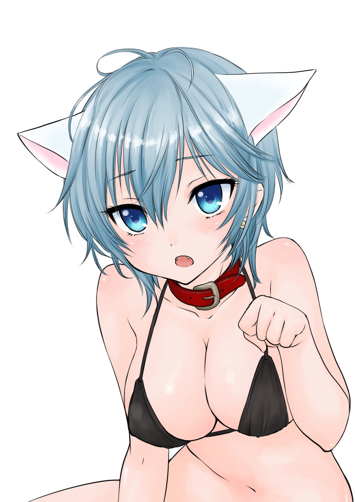 1girl anastasia_(idolmaster) animal_ears antenna_hair bangs bare_arms bare_shoulders bikini bikini_top black_bikini_top blue_eyes blue_hair blush breasts cat_ears cleavage collar collarbone commentary_request dog_collar earrings eyebrows_visible_through_hair eyelashes fangs hair_between_eyes hand_up idolmaster idolmaster_cinderella_girls jewelry kemonomimi_mode large_breasts navel open_mouth ozaki_mirai paw_pose red_collar shiny shiny_skin short_hair silver_hair simple_background solo stomach strap_gap stud_earrings swimsuit upper_body white_background