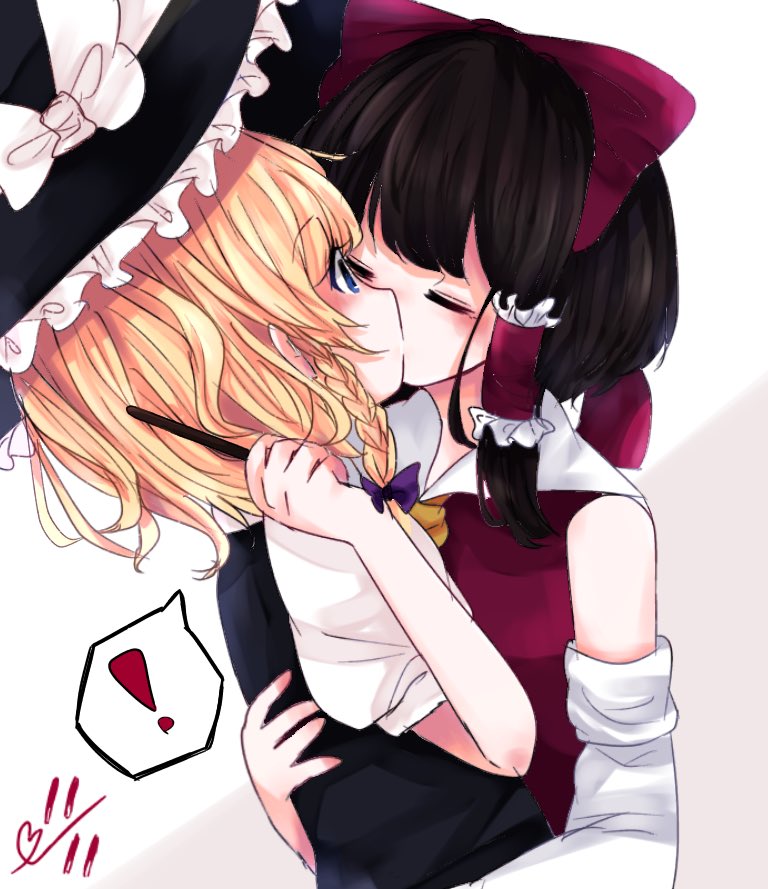 ! 2girls ascot blonde_hair blue_eyes blush bow chocolate_hair closed_eyes detached_sleeves food hair_bow hakurei_reimu hat hug kirisame_marisa kiss kuromame_(1025_sucre) multiple_girls pocky pocky_day puffy_short_sleeves puffy_sleeves short_hair short_hair_with_long_locks short_sleeves spoken_exclamation_mark touhou vest witch_hat yellow_neckwear yuri